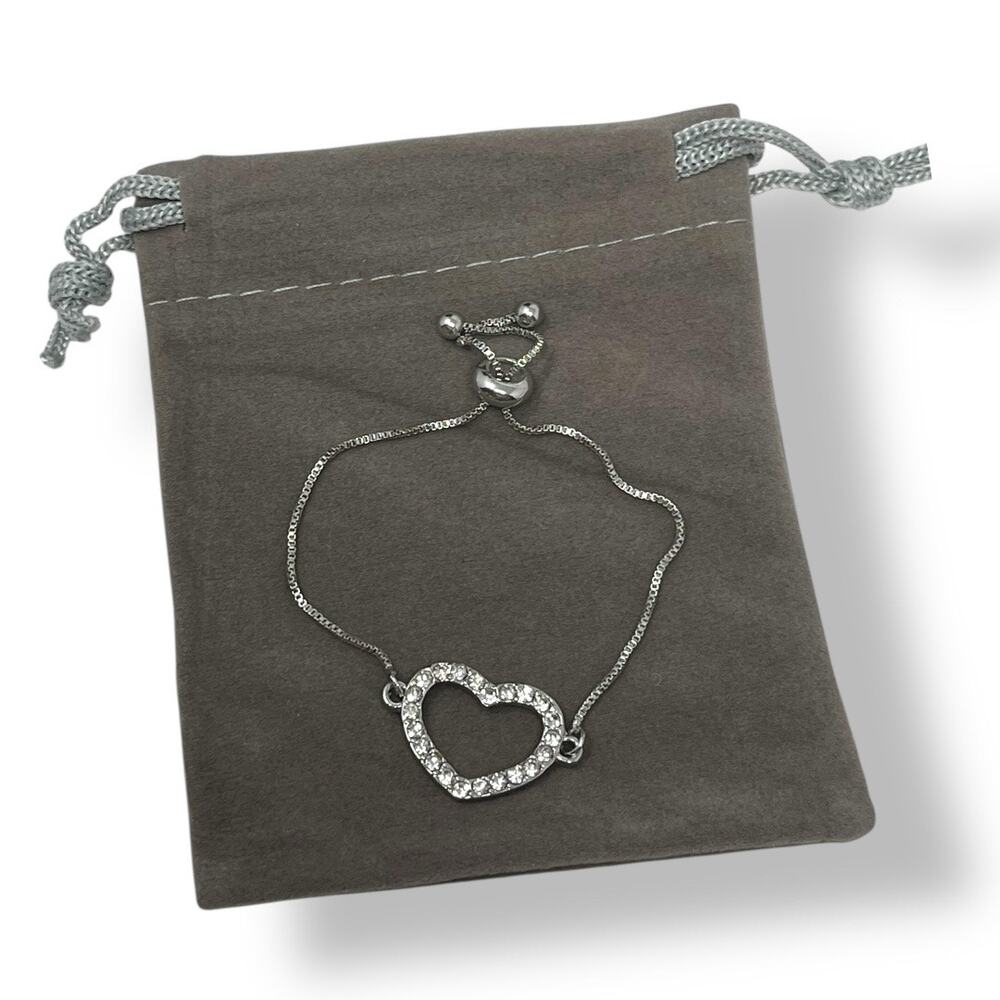 🆕 Girls Heart Silver Tone Adjustable Bracelet w/ Swarovski Crystals. Gift Pouch